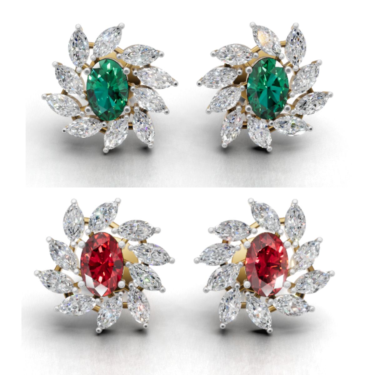 Avarta Gold Diamond Stud Earrings with Ruby Emerald
