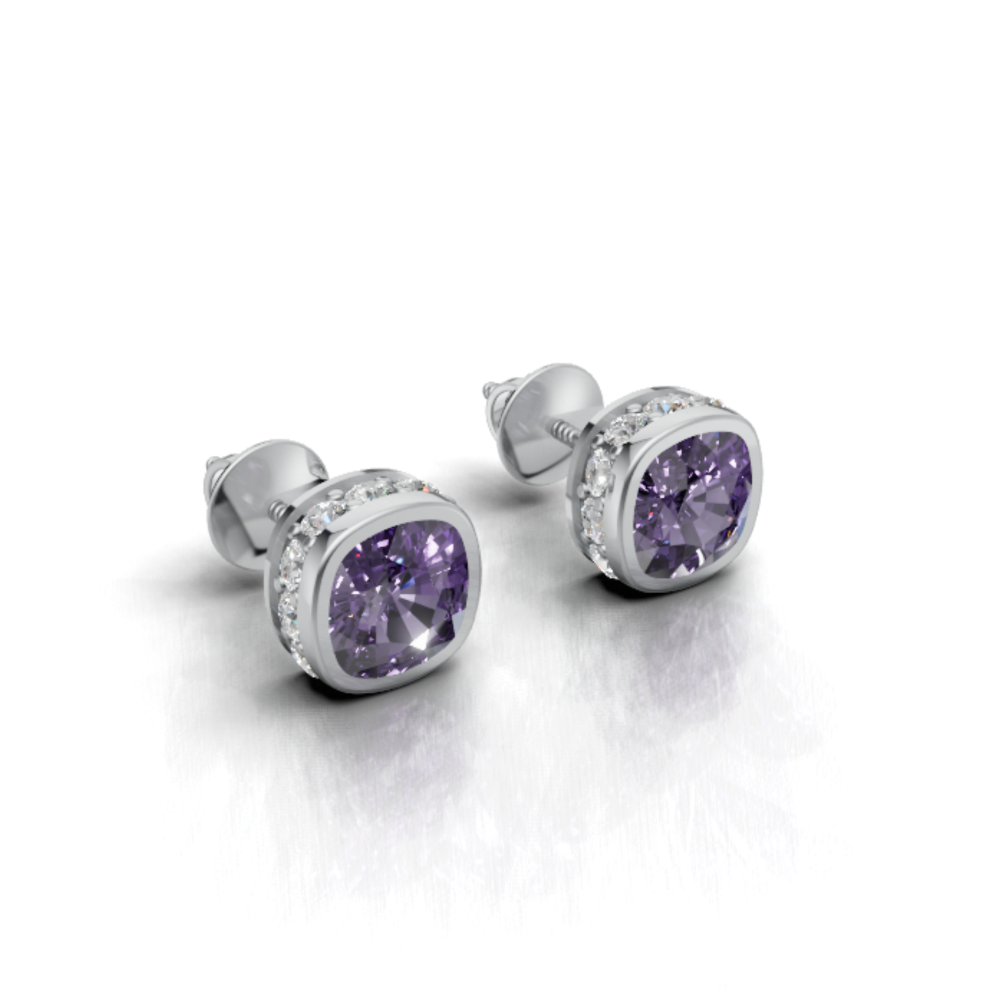 Unisex Natural Amethyst & Moissanite Halo Stud Earrings, 925 Sterling Silver Cushion Cut Bold Purple Gemstone Jewelry