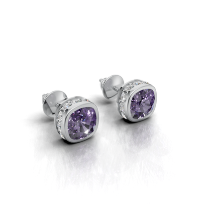 Unisex Natural Amethyst & Moissanite Halo Stud Earrings, 925 Sterling Silver Cushion Cut Bold Purple Gemstone Jewelry