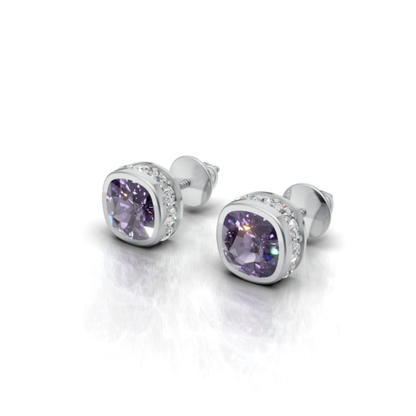 Unisex Natural Amethyst & Moissanite Halo Stud Earrings, 925 Sterling Silver Cushion Cut Bold Purple Gemstone Jewelry