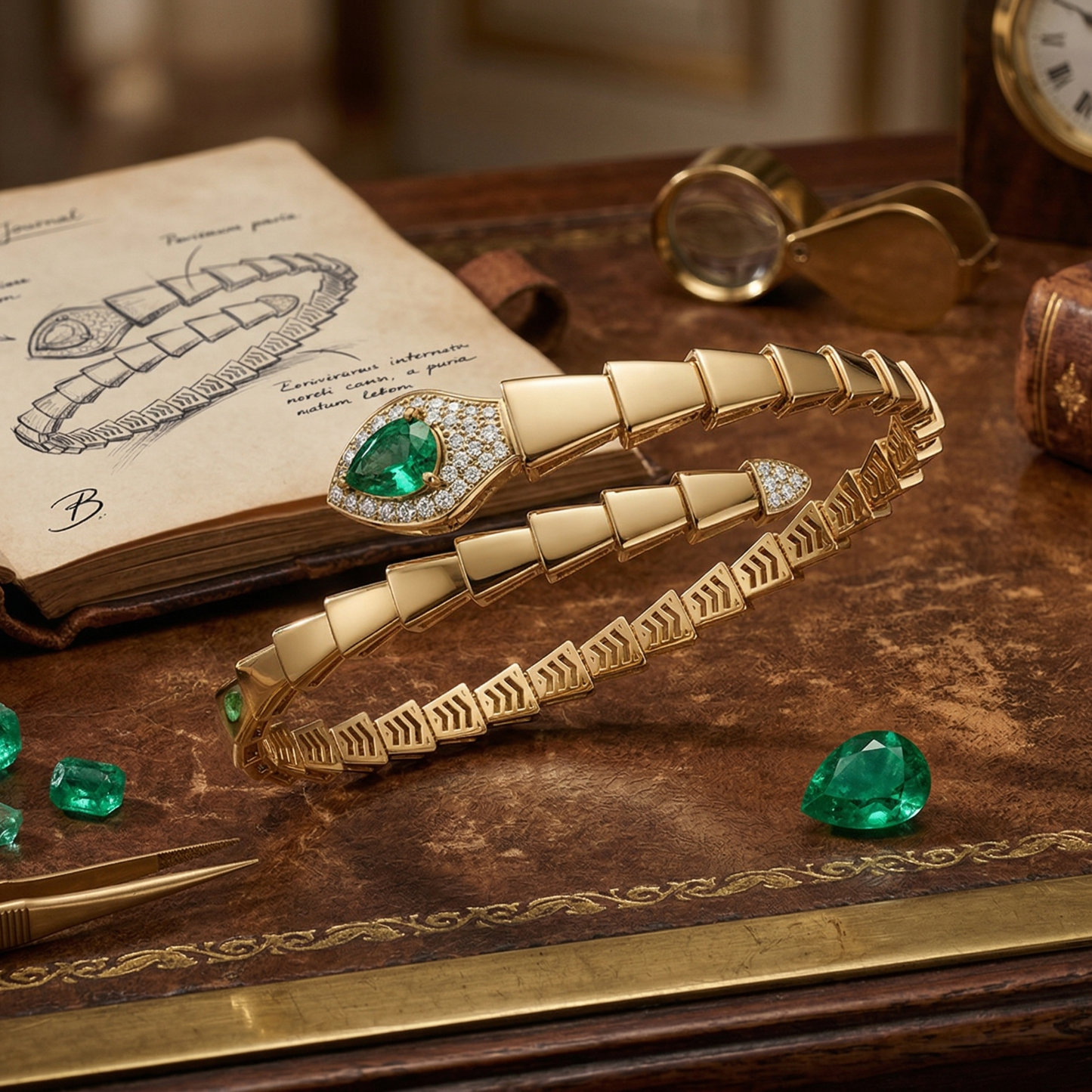 925 Sterling Silver Gold Plated Serpenti Snake Bracelet | Pear Lab Grown Emerald & Lab Grown Diamond Statement Luxury Unisex Bracelet
