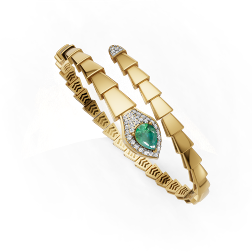 925 Sterling Silver Gold Plated Serpenti Snake Bracelet | Pear Lab Grown Emerald & Lab Grown Diamond Statement Luxury Unisex Bracelet