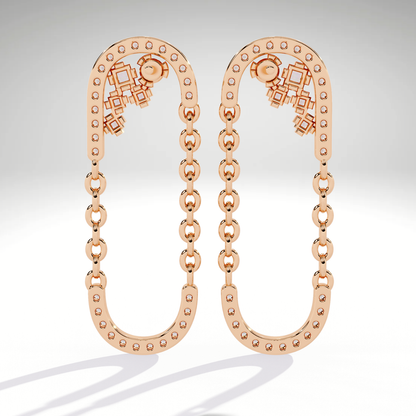 9K-14K-18K Solid Gold Linked Chain Drop Earrings | Pave U Shape Dangle Modern Statement Earrings