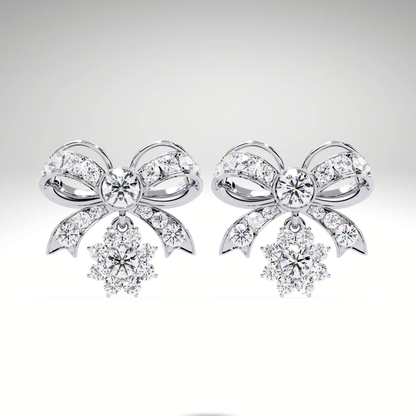 Lab Grown Diamond Bow Earrings in 9K-14K-18K Solid Gold | Dangle Cluster Drop Stud Earrings for Women