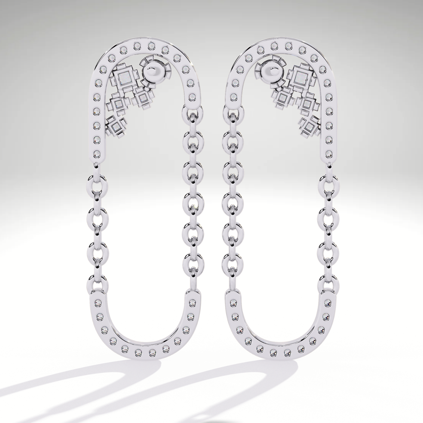 9K-14K-18K Solid Gold Linked Chain Drop Earrings | Pave U Shape Dangle Modern Statement Earrings