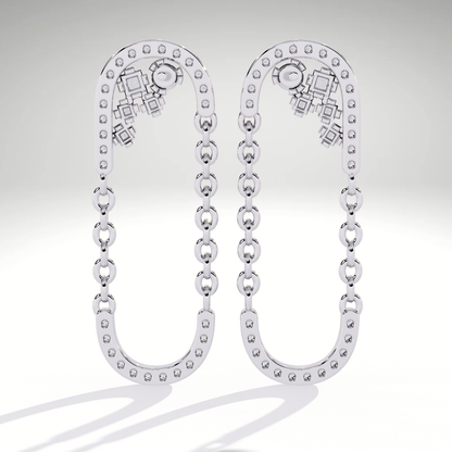 9K-14K-18K Solid Gold Linked Chain Drop Earrings | Pave U Shape Dangle Modern Statement Earrings