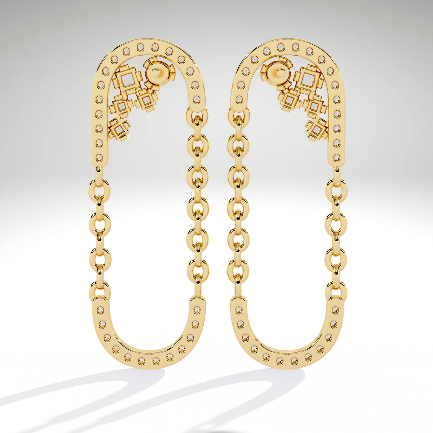 9K-14K-18K Solid Gold Linked Chain Drop Earrings | Pave U Shape Dangle Modern Statement Earrings
