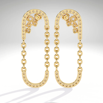 9K-14K-18K Solid Gold Linked Chain Drop Earrings | Pave U Shape Dangle Modern Statement Earrings