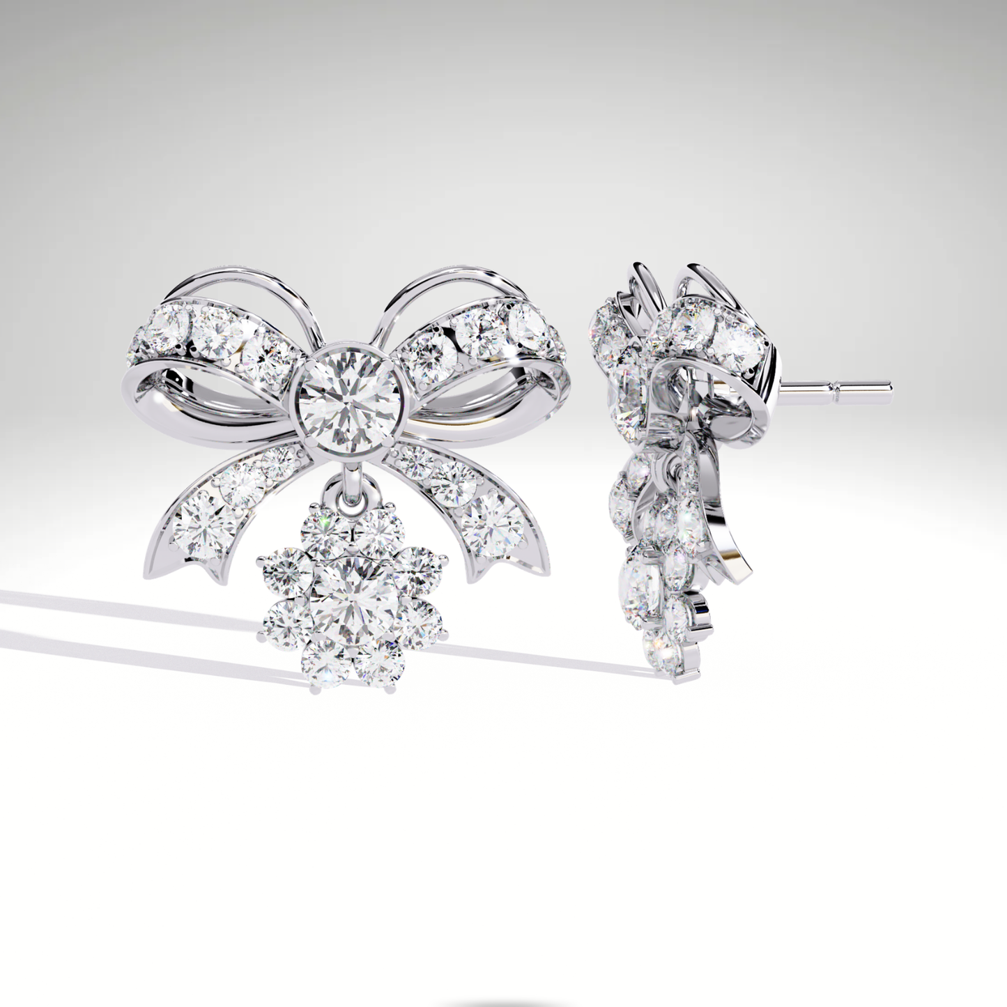 Lab Grown Diamond Bow Earrings in 9K-14K-18K Solid Gold | Dangle Cluster Drop Stud Earrings for Women