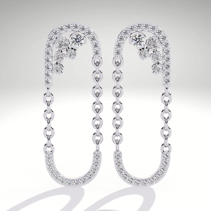 9K-14K-18K Solid Gold Linked Chain Drop Earrings | Pave U Shape Dangle Modern Statement Earrings