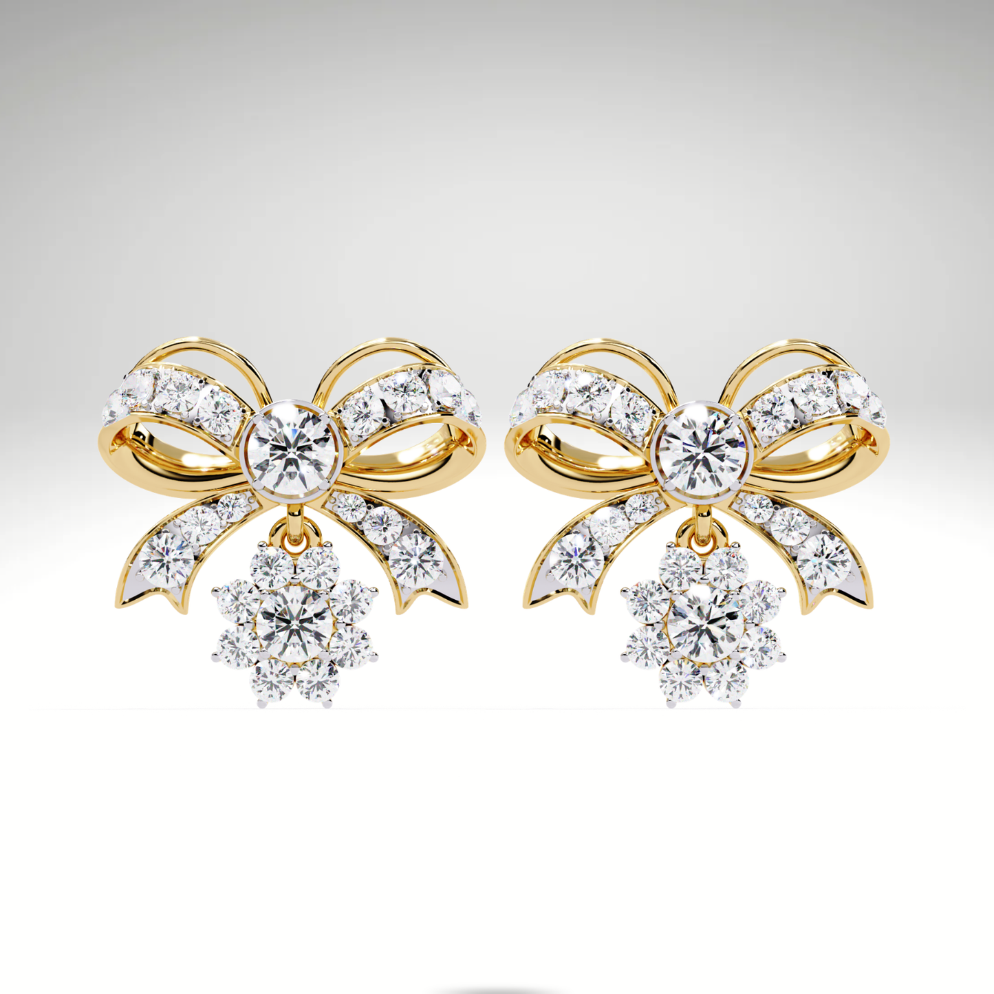 Lab Grown Diamond Bow Earrings in 9K-14K-18K Solid Gold | Dangle Cluster Drop Stud Earrings for Women