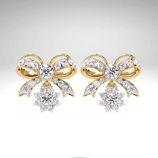Lab Grown Diamond Bow Earrings in 9K-14K-18K Solid Gold | Dangle Cluster Drop Stud Earrings for Women
