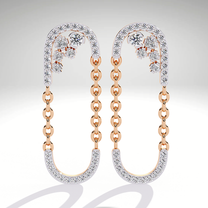 9K-14K-18K Solid Gold Linked Chain Drop Earrings | Pave U Shape Dangle Modern Statement Earrings