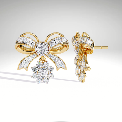 Lab Grown Diamond Bow Earrings in 9K-14K-18K Solid Gold | Dangle Cluster Drop Stud Earrings for Women