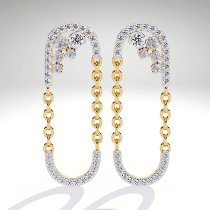 9K-14K-18K Solid Gold Linked Chain Drop Earrings | Pave U Shape Dangle Modern Statement Earrings