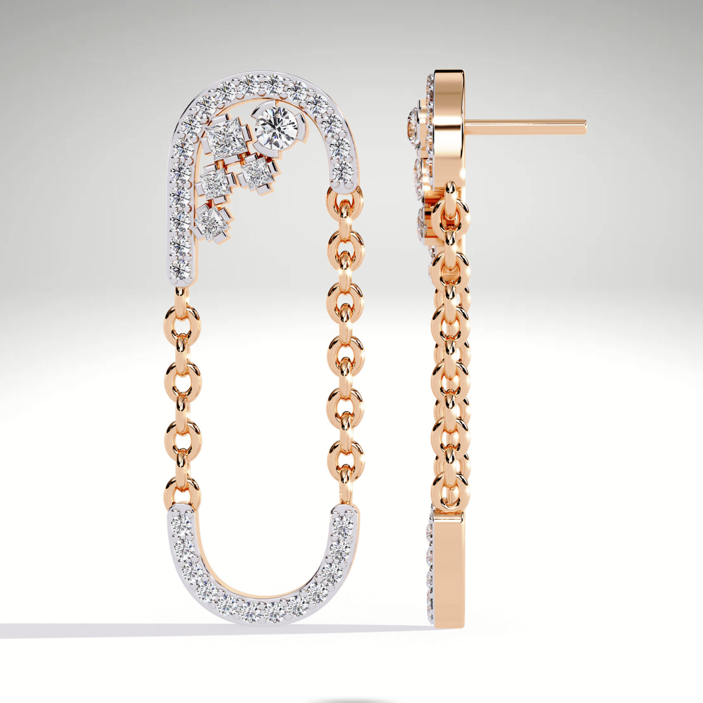 9K-14K-18K Solid Gold Linked Chain Drop Earrings | Pave U Shape Dangle Modern Statement Earrings