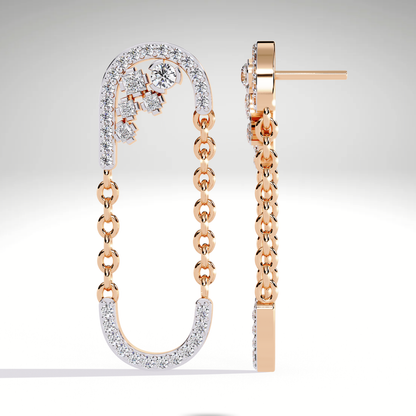 9K-14K-18K Solid Gold Linked Chain Drop Earrings | Pave U Shape Dangle Modern Statement Earrings