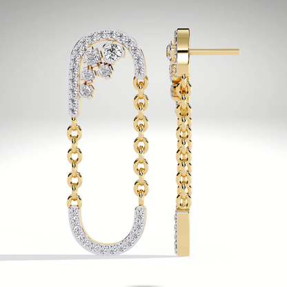 9K-14K-18K Solid Gold Linked Chain Drop Earrings | Pave U Shape Dangle Modern Statement Earrings