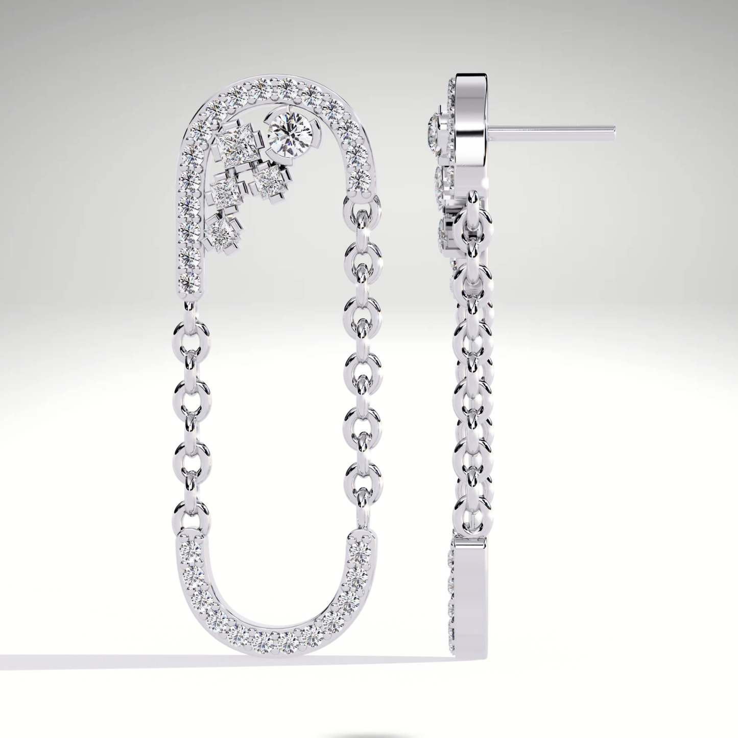 9K-14K-18K Solid Gold Linked Chain Drop Earrings | Pave U Shape Dangle Modern Statement Earrings