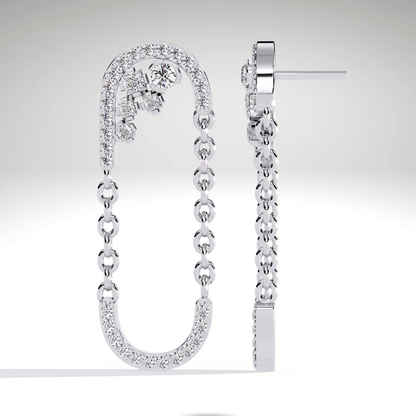9K-14K-18K Solid Gold Linked Chain Drop Earrings | Pave U Shape Dangle Modern Statement Earrings