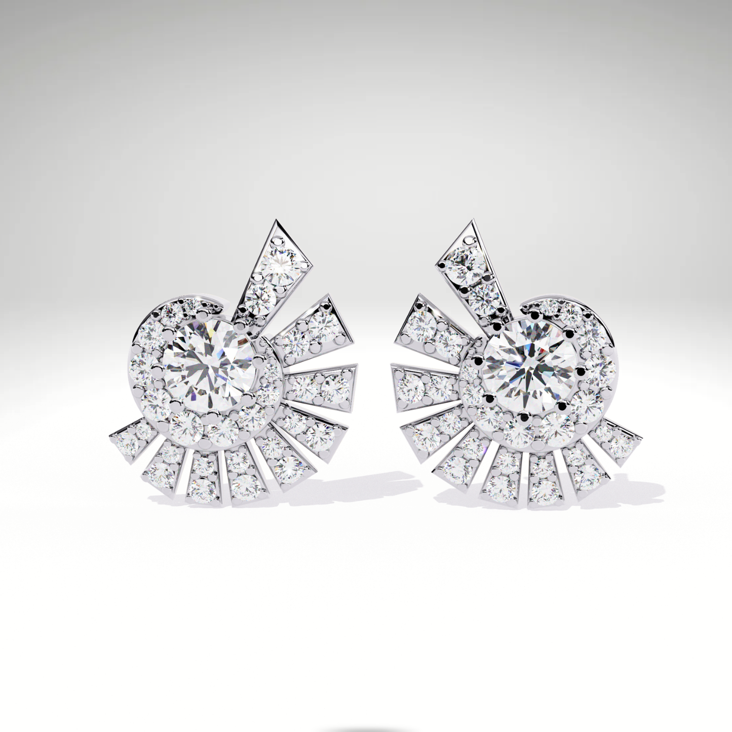 Sunburst Stud Earrings | 9K-14K-18K Solid Gold Round Diamond Halo with Radiating Fan Design | Statement Studs for Women