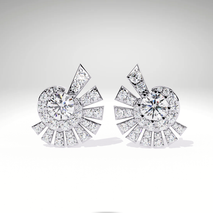 Sunburst Stud Earrings | 9K-14K-18K Solid Gold Round Diamond Halo with Radiating Fan Design | Statement Studs for Women