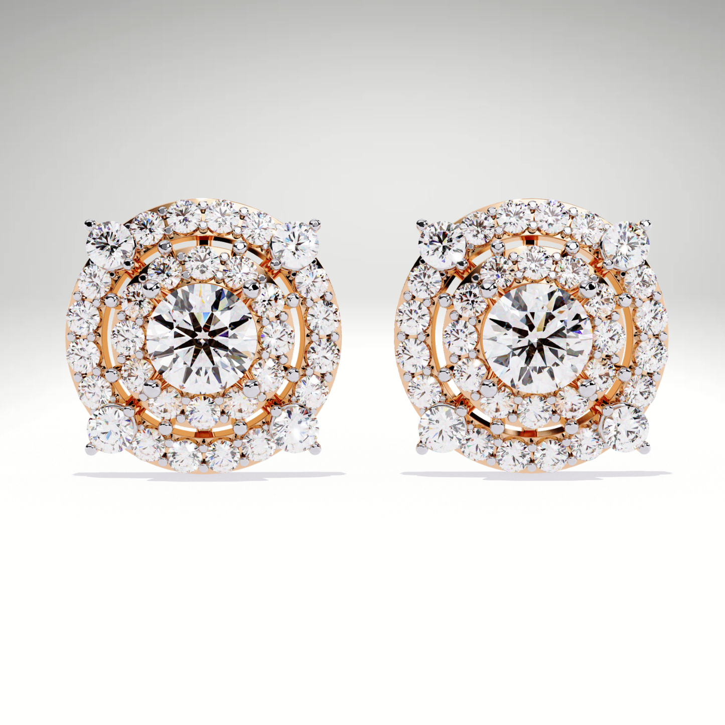 9K-14K-18K Gold Double Halo Stud Earrings | Modern Lab Grown Diamond Earrings for Women