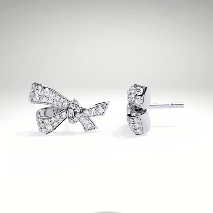 Luxury Diamond Bow Earrings | Pavé Moissanite Ribbon Stud Earrings in 9K-14K-18K Yellow, White & Rose Gold | Bridal Statement Jewelry