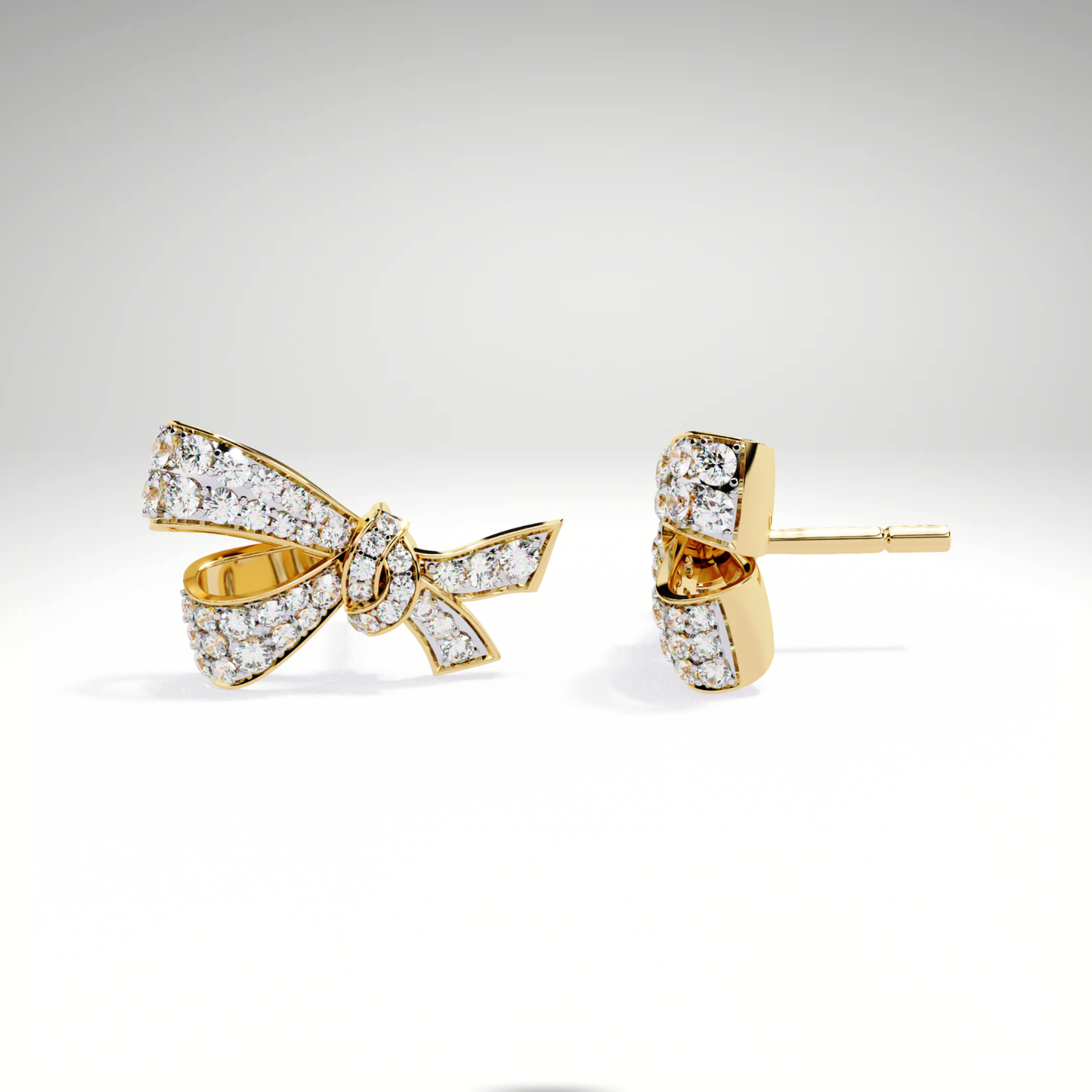 Luxury Diamond Bow Earrings | Pavé Moissanite Ribbon Stud Earrings in 9K-14K-18K Yellow, White & Rose Gold | Bridal Statement Jewelry