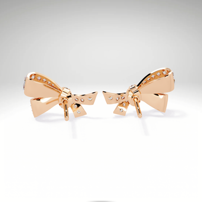 Luxury Diamond Bow Earrings | Pavé Moissanite Ribbon Stud Earrings in 9K-14K-18K Yellow, White & Rose Gold | Bridal Statement Jewelry