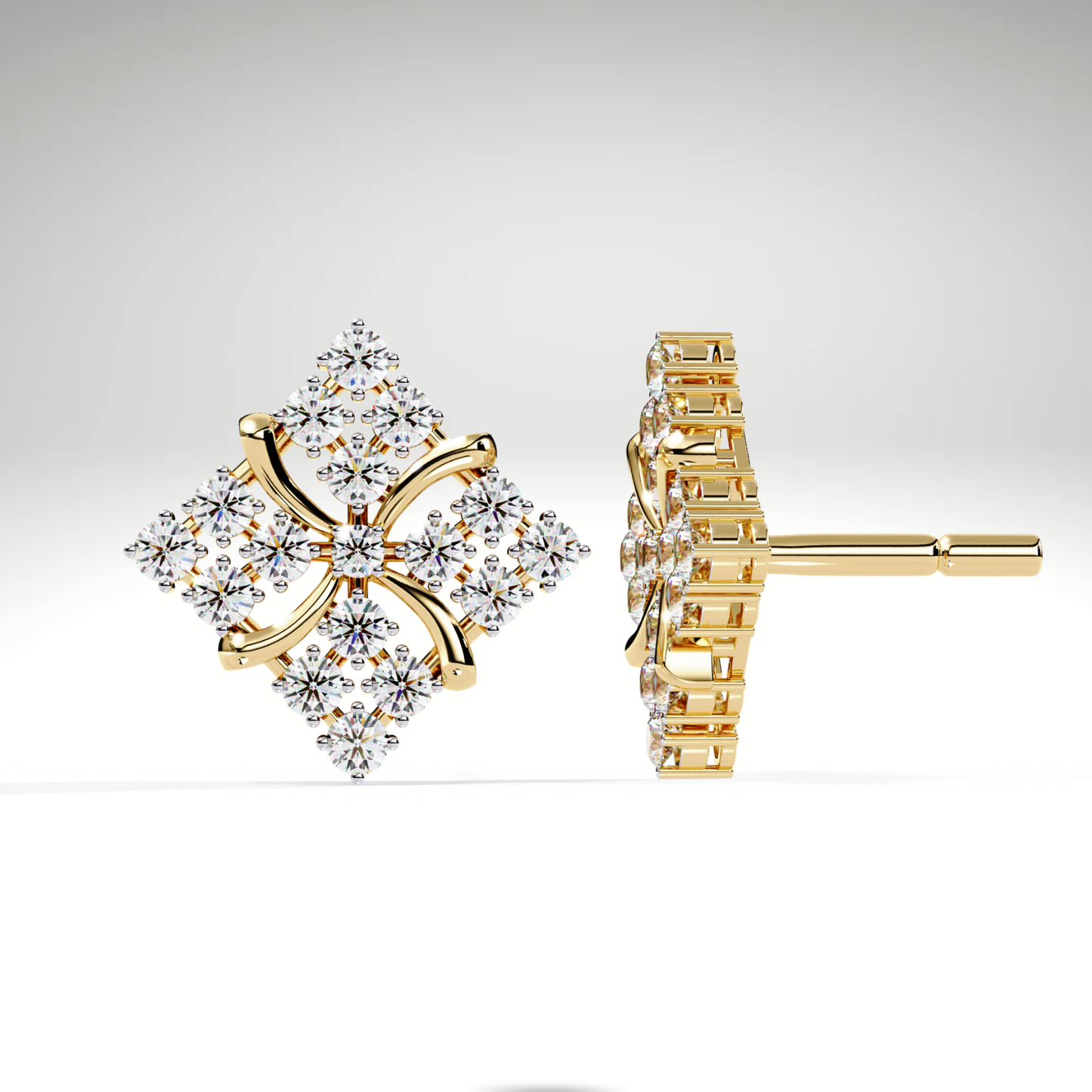 9K/14K/18K Lab Grown Diamond Cluster Stud Earrings | Floral Diamond Shape Studs