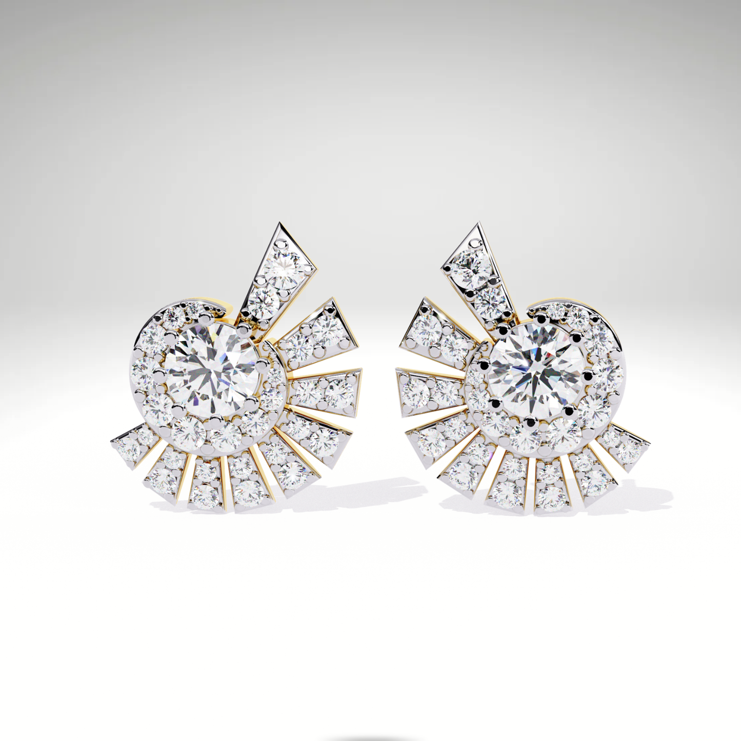 Sunburst Stud Earrings | 9K-14K-18K Solid Gold Round Diamond Halo with Radiating Fan Design | Statement Studs for Women