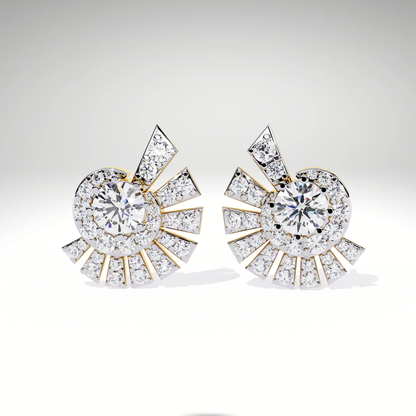 Sunburst Stud Earrings | 9K-14K-18K Solid Gold Round Diamond Halo with Radiating Fan Design | Statement Studs for Women