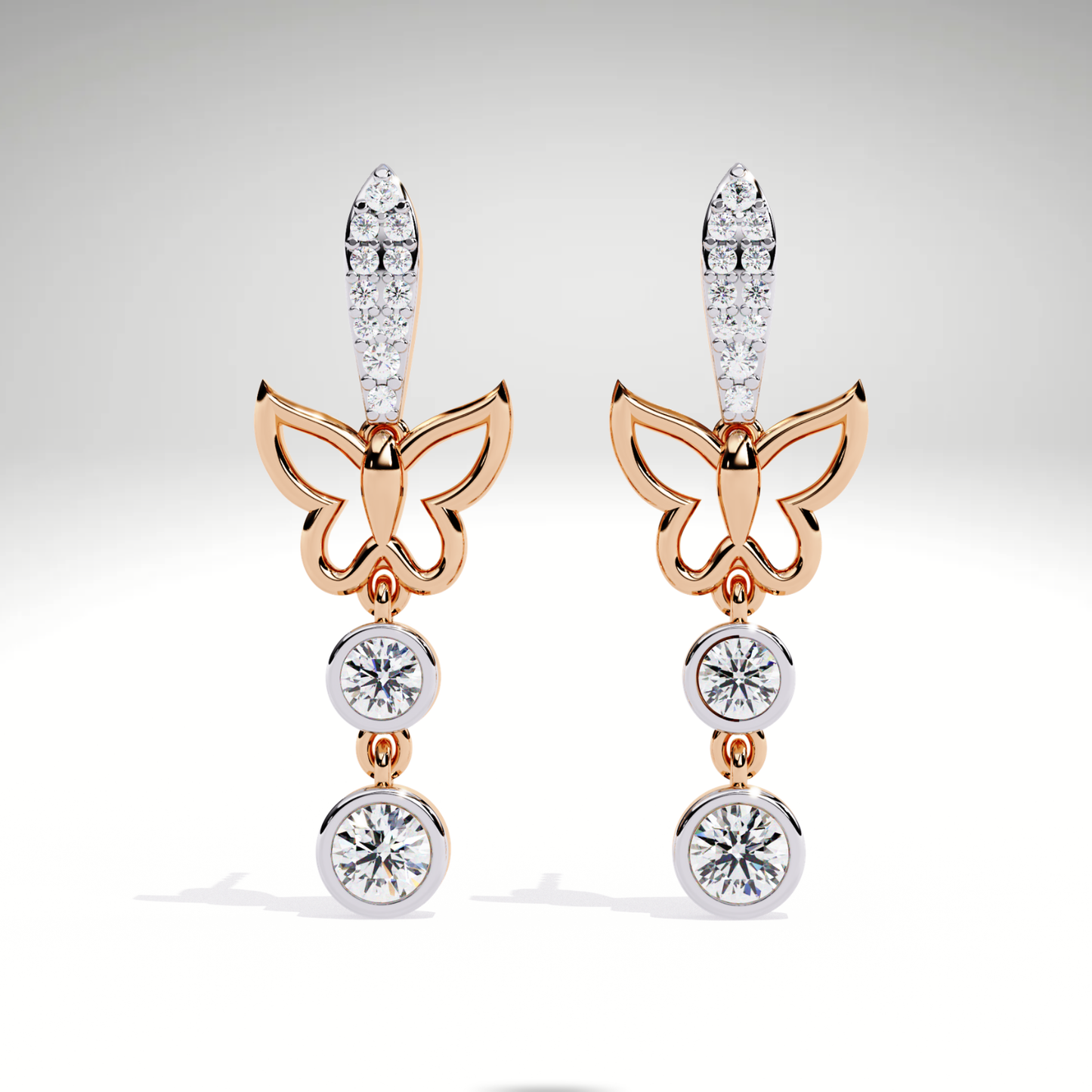 Diamond Butterfly Drop Earrings | 9K-14K-18K Solid Gold, Modern Elegant Design