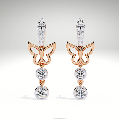 Diamond Butterfly Drop Earrings | 9K-14K-18K Solid Gold, Modern Elegant Design
