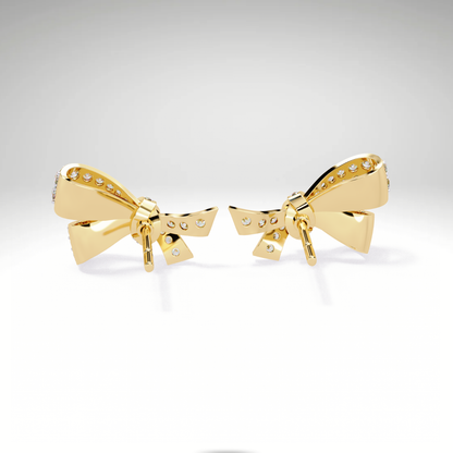 Luxury Diamond Bow Earrings | Pavé Moissanite Ribbon Stud Earrings in 9K-14K-18K Yellow, White & Rose Gold | Bridal Statement Jewelry