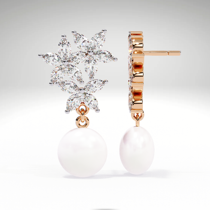 Pearl Drop Earrings | Marquise Floral Diamond Earrings | 9K-14K-18K Gold Pearl Dangle Earrings for Women