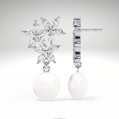 Pearl Drop Earrings | Marquise Floral Diamond Earrings | 9K-14K-18K Gold Pearl Dangle Earrings for Women