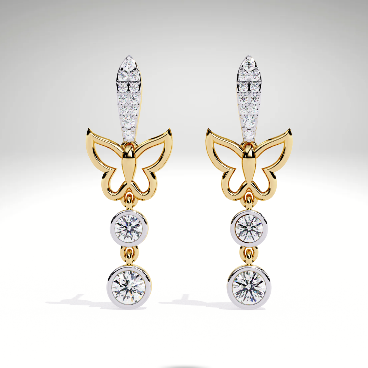 Diamond Butterfly Drop Earrings | 9K-14K-18K Solid Gold, Modern Elegant Design
