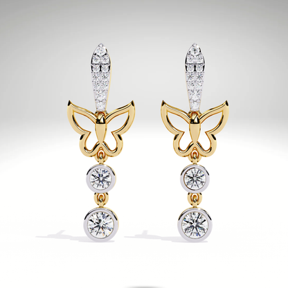 Diamond Butterfly Drop Earrings | 9K-14K-18K Solid Gold, Modern Elegant Design