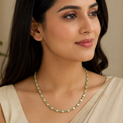14K & 18K Gold Lab Grown Diamond & Emerald Tennis Necklace | Marquise & Round Luxury Birthstone Necklace