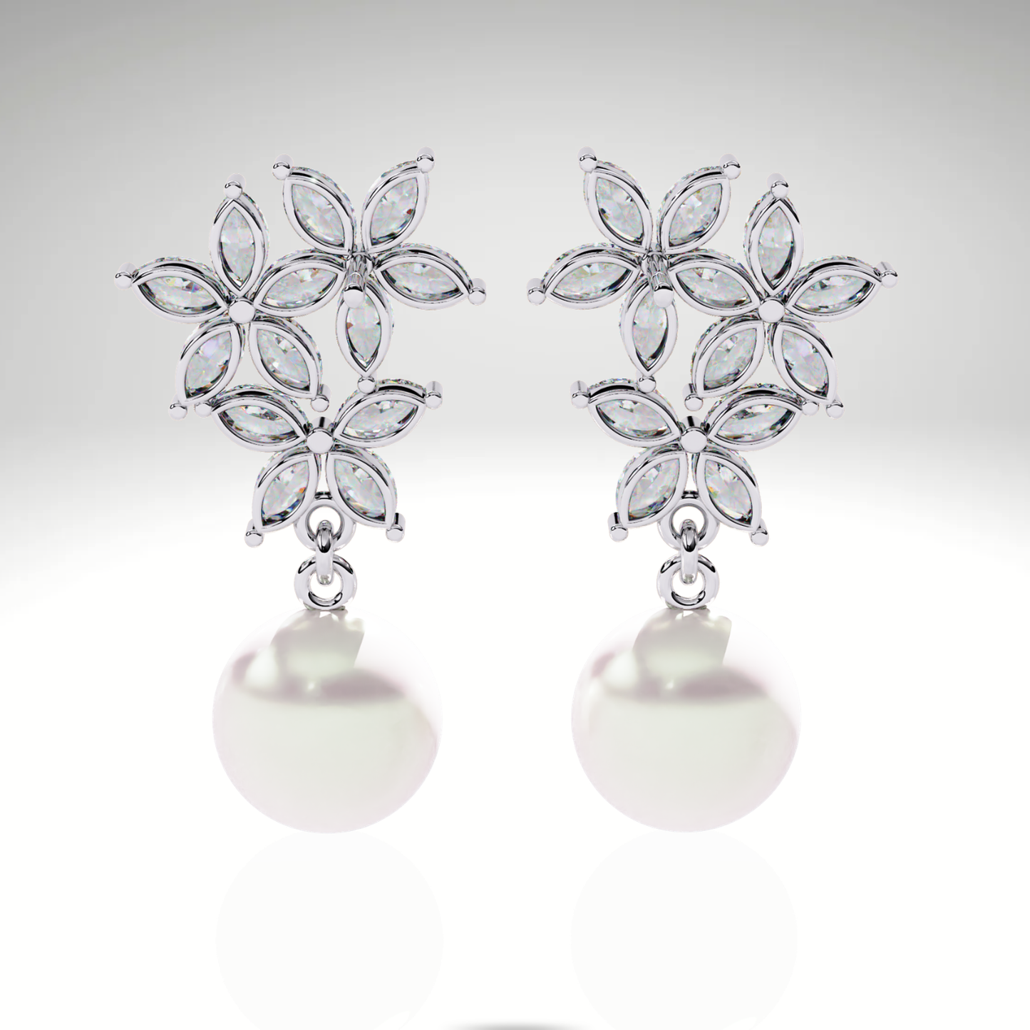 Pearl Drop Earrings | Marquise Floral Diamond Earrings | 9K-14K-18K Gold Pearl Dangle Earrings for Women