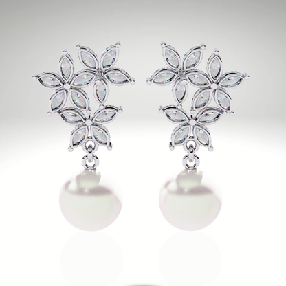 Pearl Drop Earrings | Marquise Floral Diamond Earrings | 9K-14K-18K Gold Pearl Dangle Earrings for Women