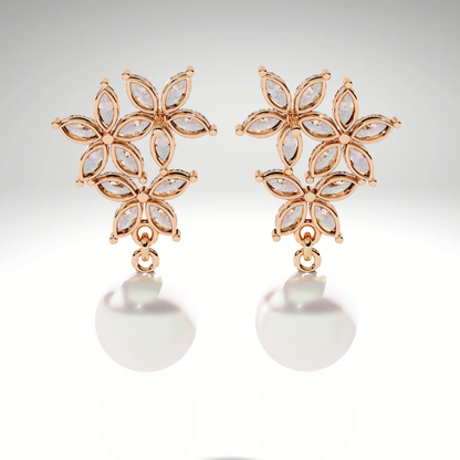 Pearl Drop Earrings | Marquise Floral Diamond Earrings | 9K-14K-18K Gold Pearl Dangle Earrings for Women
