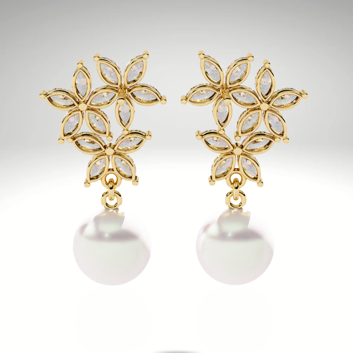 Pearl Drop Earrings | Marquise Floral Diamond Earrings | 9K-14K-18K Gold Pearl Dangle Earrings for Women