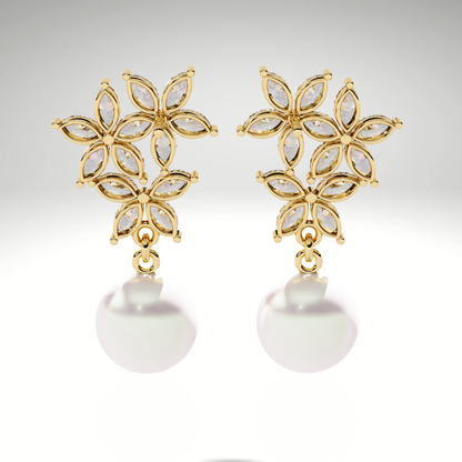 Pearl Drop Earrings | Marquise Floral Diamond Earrings | 9K-14K-18K Gold Pearl Dangle Earrings for Women