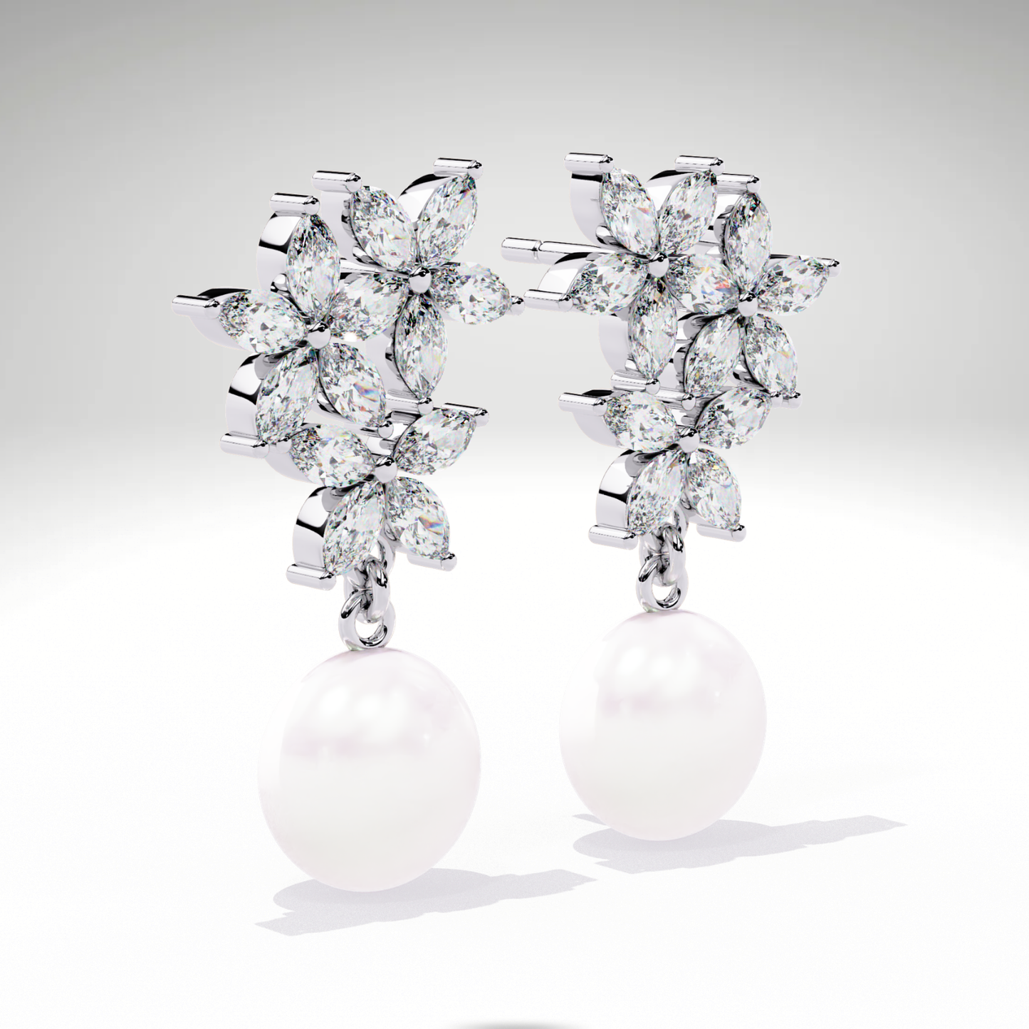 Pearl Drop Earrings | Marquise Floral Diamond Earrings | 9K-14K-18K Gold Pearl Dangle Earrings for Women