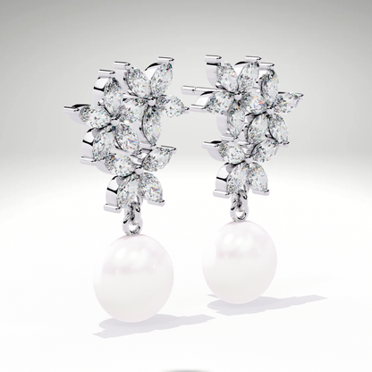 Pearl Drop Earrings | Marquise Floral Diamond Earrings | 9K-14K-18K Gold Pearl Dangle Earrings for Women