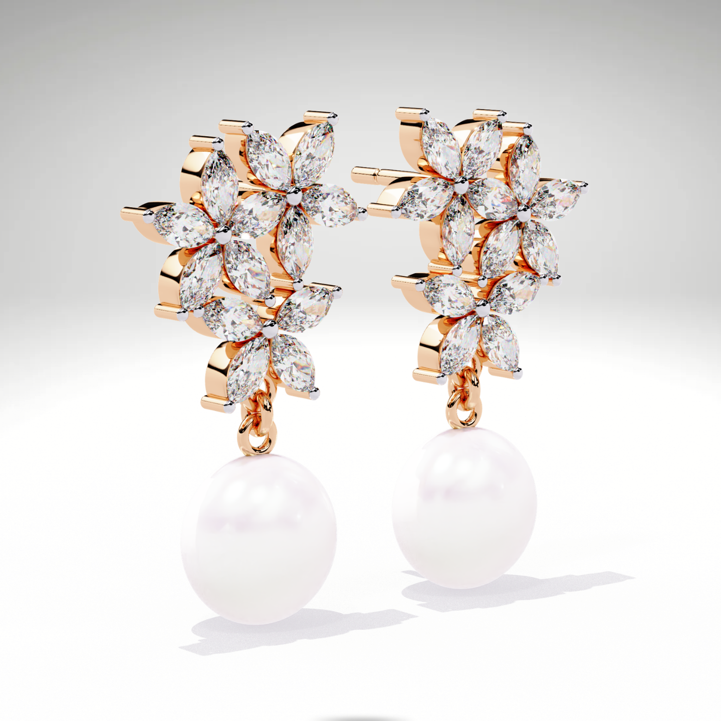Pearl Drop Earrings | Marquise Floral Diamond Earrings | 9K-14K-18K Gold Pearl Dangle Earrings for Women