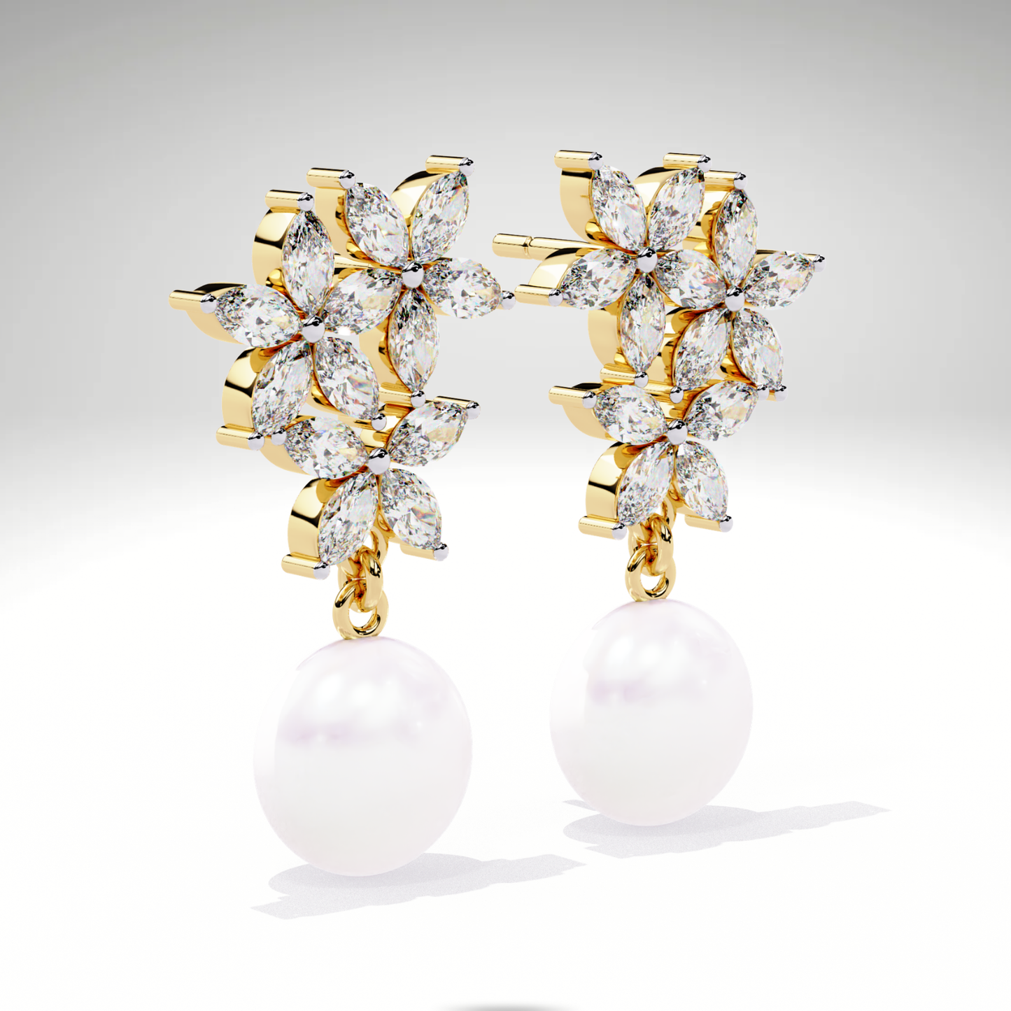 Pearl Drop Earrings | Marquise Floral Diamond Earrings | 9K-14K-18K Gold Pearl Dangle Earrings for Women